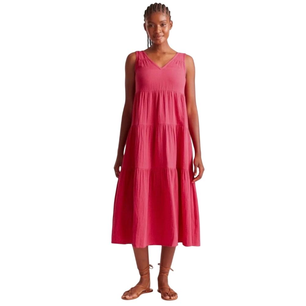 Quince Women's Tiered Organic Cotton Gauze Midi Dress (Tagged Maxi) XS Hot Pink